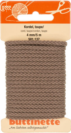 buttinette Baumwoll-Kordel für Bekleidung, taupe, 4 mm Ø, Länge: 5 m