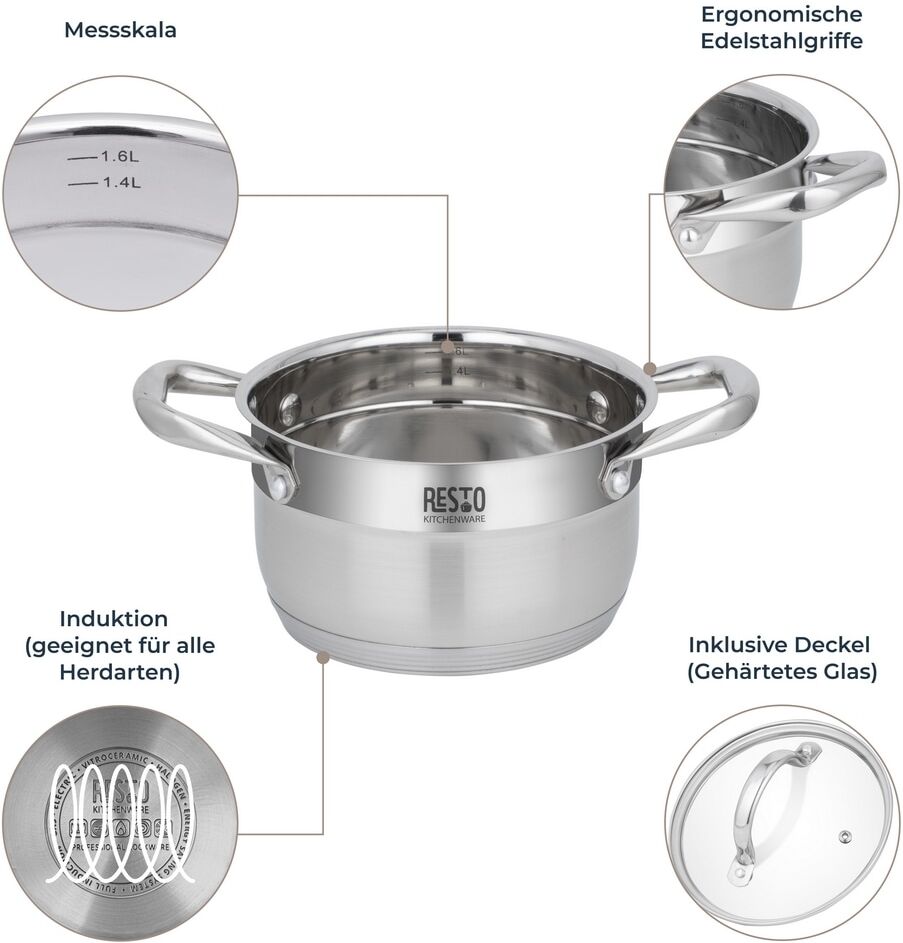 Kochtopf RESTO KITCHENWARE "Rigel, Topf energiesparend und spülmaschinenfest", silber (silberfarben), H:9,5cm L:26cm Ø:16cm, Töpfe, Kochtopf, mit hitzebeständigem Glasdeckel, im Geschenkkarton