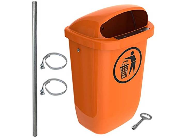 Sulo Original Set Abfallbehälter Papierkorb mit Regenhaube Made in Germany 50 Liter Orange Mit 2 Befestigungsschellen + 1 Dreikantschlüssel + 1 Befestigungspfosten H740xB432xT256mm
