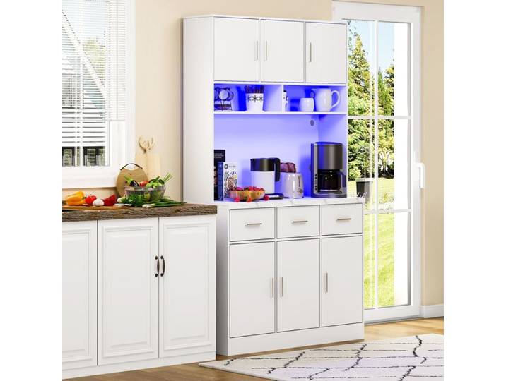 Buffet haut de cuisine 100x40x180 cm avec LED et prises rangements MDF blanc