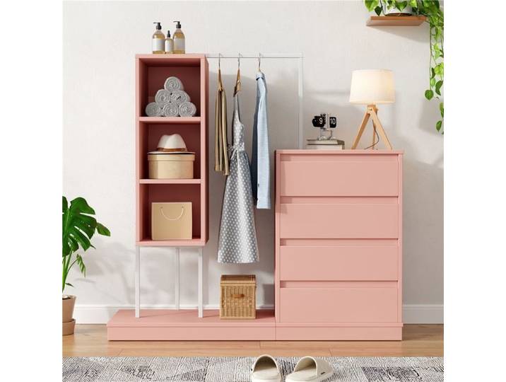 Armoire rose 140x40x135 cm avec tiroirs penderie intégrée meuble rangement élégant pour chambre ou dressing moderne