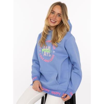 Hoodie ZWILLINGSHERZ "Always Positive", Damen, Gr. S/M, mittelblau, Sweatware, Obermaterial: 50% Baumwolle, 50% Polyester, normal normal, ohne Ausschnitt, angesetztes Bündchen, Sweatshirts Hoodie, Kapuze, Stickerei, Fronttasche, Bündchen-Schriftzug,...