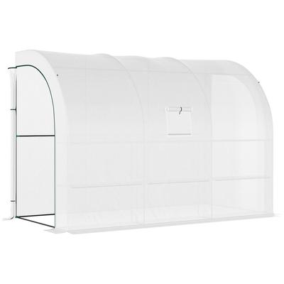OKWISH Foliengewächshaus Kunststoff Weiß 300x150x213 cm, begehbar mit 6 Regalen, Reißverschlusstüren und hochrollbarem Fenster