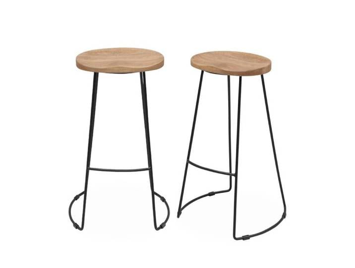 sweeek - Tabouret de bar bois de manguier et acier 75cm avec repose pieds (lot de 2) JAYA