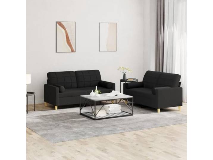 HEFZGDB 2-TLG. Sofagarnitur mit Kissen Schwarz Stoff, strapazierfähige Polsterung und Robustes Gestell für langlebige Nutzung, Bequeme Sitzflächen mit praktischen Rollkissen,