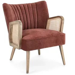 Sessel Virna aus Stoff, modernes Design mit Rattan-Armlehnen, skandinavisch, rot, komfortabel gepolstert