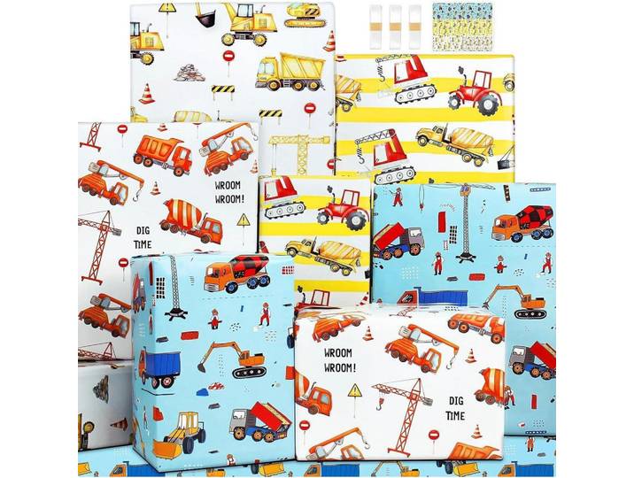Geschenkpapier Set Baustellenfahrzeuge 6 Bögen 50x70cm, Mehrfarbig, Papier, 50x0.1x70 cm, Dekoration, Geschenkartikel, Geschenkbänder & Geschenkpapier