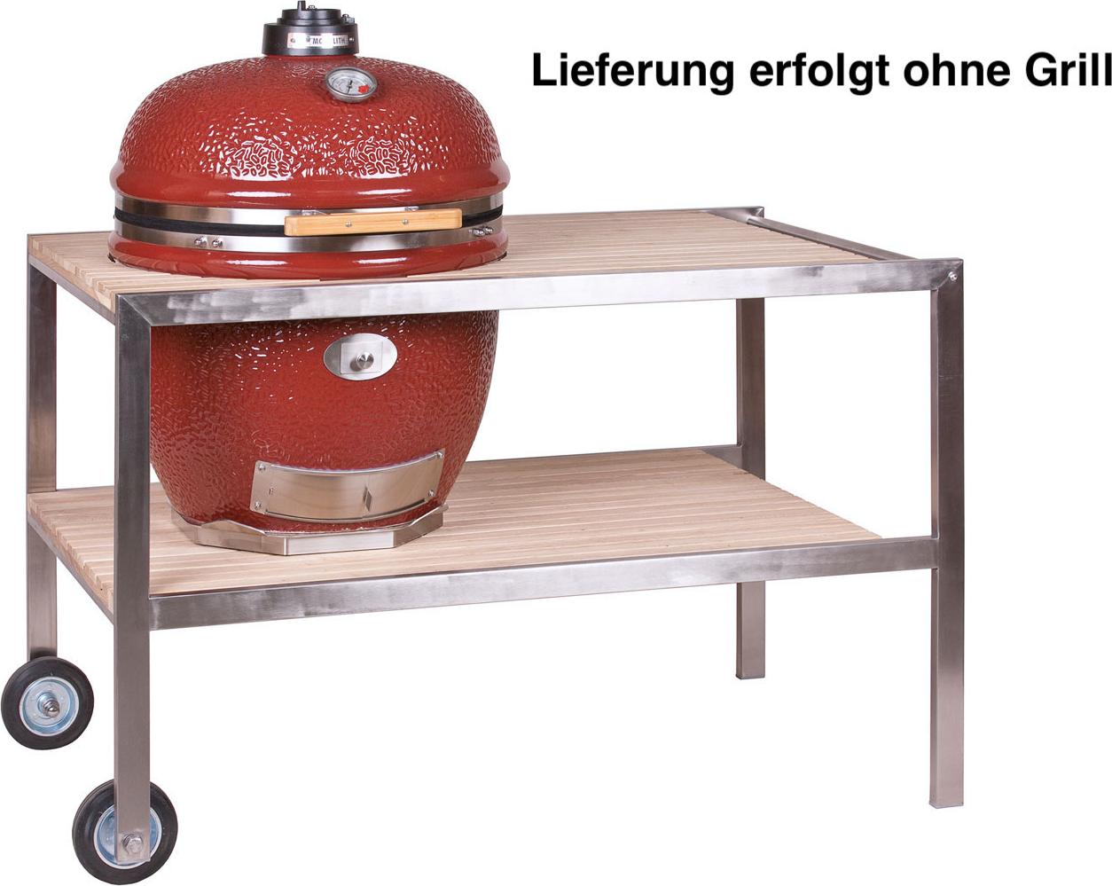 Monolith Tisch aus Edelstahl & Teak .66 (LeCHEF) fahrbar inklusive Rollen 201003-L