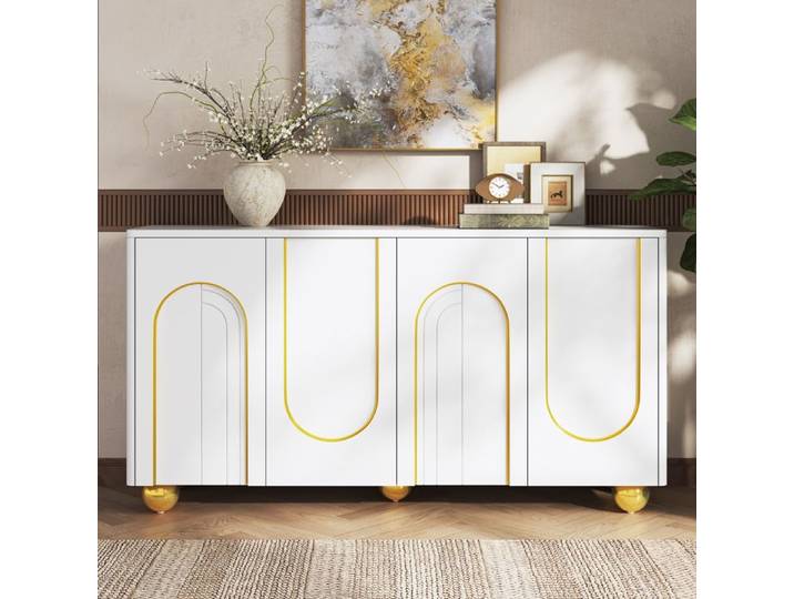 Buffet 4 Portes Blanc 140x40x74 cm Armoire de Rangement Salon/Salle à Manger Décor Ligne Arc Dorée en Relief Pieds Métal Sphériques