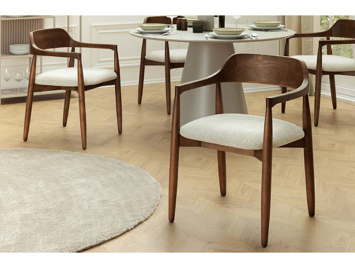 Design Armlehnen-Stuhl KENNEDY braun smoke creme aus recycelter Pinie mit Polstersitz Esszimmerstuhl Küchenstuhl Modern & Design