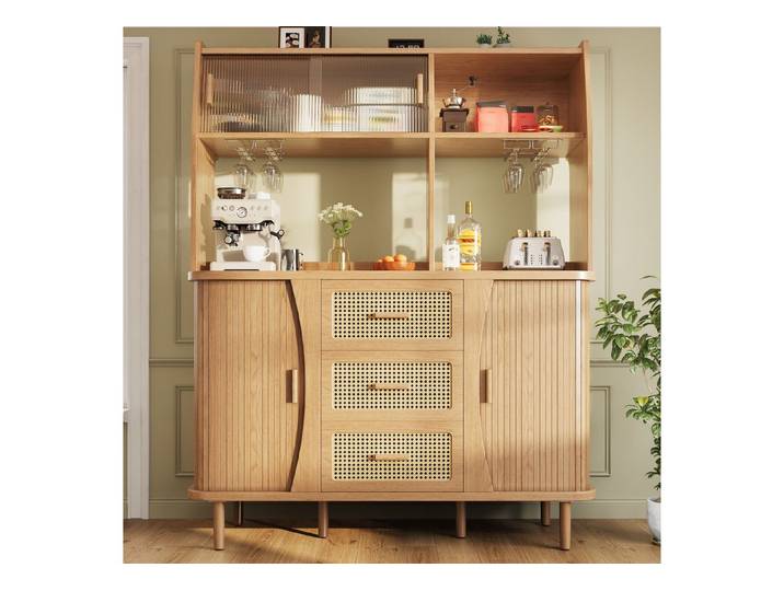 Fine Life Pro Sideboard Buffetschrank Rattanoptik,Glasschiebetüren,174,5 cm,Naturholz/Nussbaum