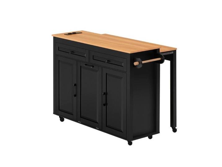 Îlot Central Cuisine Noir 120x40x92cm - Sur Roulettes Extensible Plan Travail Compartiment Poubelle Multiprises Mobile Autoportant