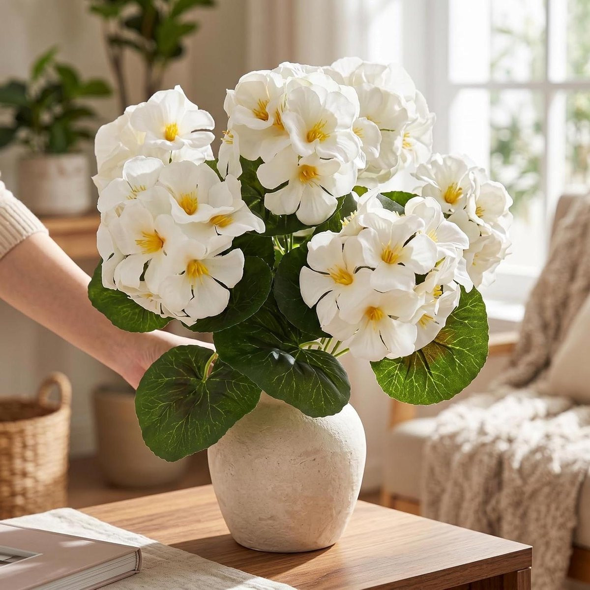 Kunstbloemen Geraniums Wit - UV-bestendige Nepbloemen voor Buiten Decoratie - 35 cm