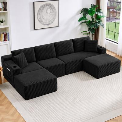 Abrihome "133.5"" U-Shaped Corduroy Boneless Sectional Sofa with Cup Holders and Ottomans"