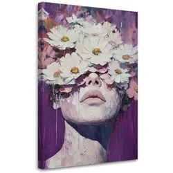 WANDBILD ein mädchen mit blumen auf dem kopf als wären sie gemalt