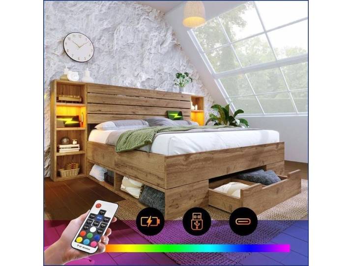 Beds Frames & Bases - Lit massif 160x200 avec rangement LED et USB-C - Chêne