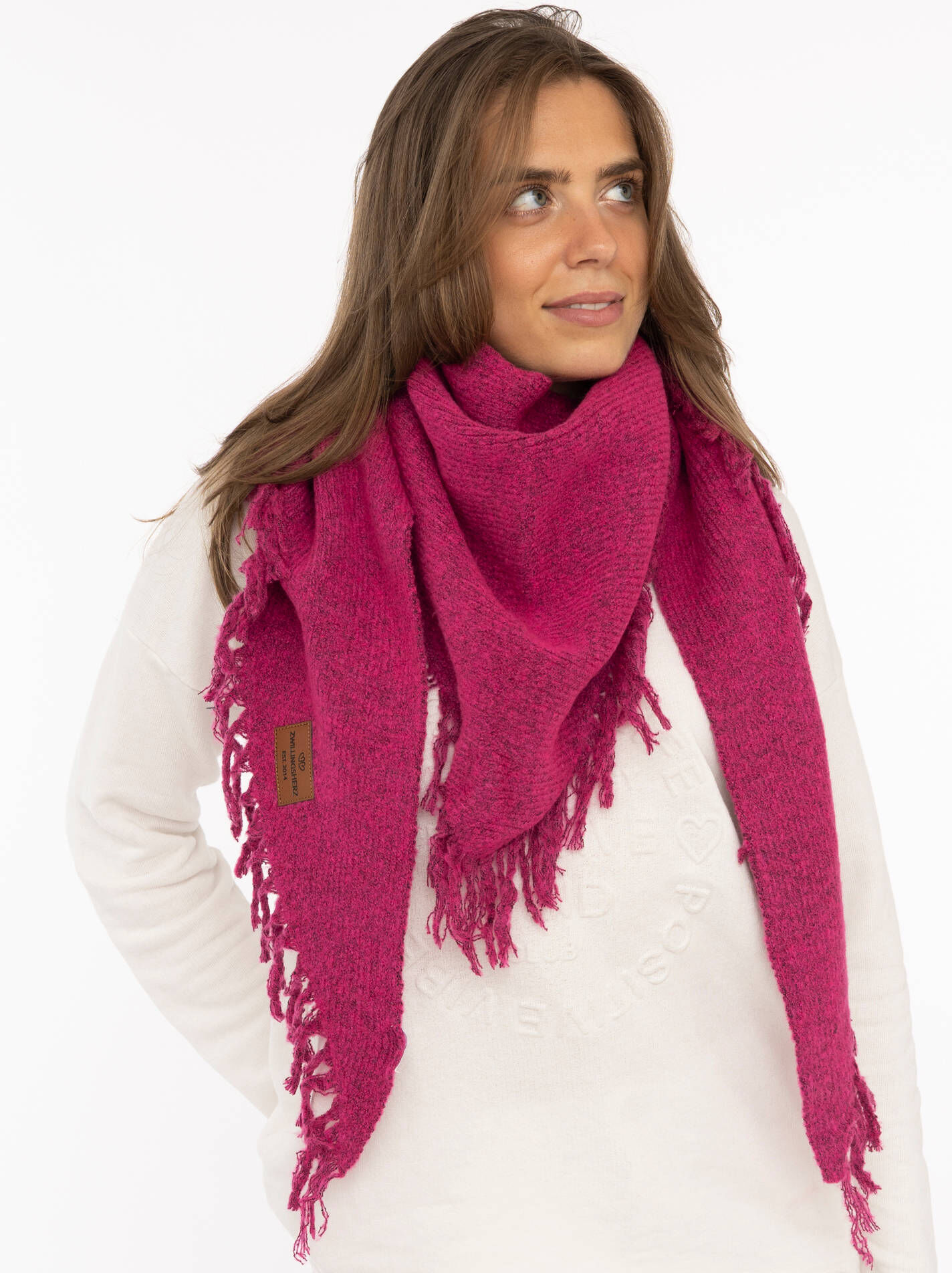 Dreieckstuch ZWILLINGSHERZ "Tasseln", Damen, neonpink, Obermaterial: 100% Polyacryl, Modetücher Dreieckstuch, dekorative Fransen, Logo-Patch, strukturierte Textur neonpink Einheitsgröße