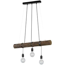 Hängelampe Esstisch Pendelleuchte schwarz Wohnzimmerlampe Holzbalken, Hängeleuchte 3-flammig Landhaus Höhenverstellbar, Metall, E27, LxBxH 65x8x140 cm
