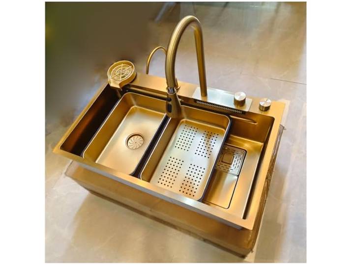 KOOGIMDDR 65x50cm Waschbecken gold Küchenspüle, Mit Wasserfall Wasserhahn, Küchenspüle Edelstahl Rechteck Einbau von Oben Mit Cup Washer Abnehmbares Becken Schneidebrett