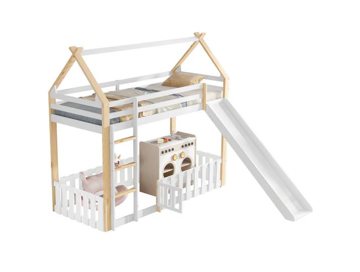 Wishdor Etagenbett 90/200 cm in Weiß & Natur mit Rutsche, Leiter und Dachform, Weiß, Naturfarben, Holz, Rechteckig, 90x200 cm, Babymöbel & Kindermöbel, Kinderzimmer & Jugendzimmer, Stockbetten