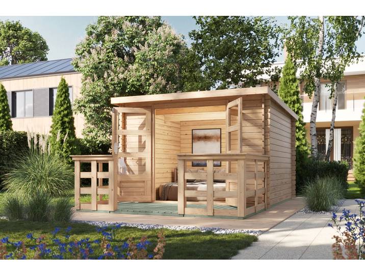 Gartenhaus KARIBU Remus SET naturbelassen mit Terrasse , beige (naturbelassen), ohne Fußboden, ohne Dacheindeckung, Massivholz, Gartenhäuser, Gartenhaus, Gartenhaus aus hochwertiger nordischer Fichte