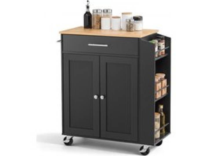 VEVOR Kücheninselwagen mit 1 Schublade & 2 Türen Schwarz Mobile Kücheninsel, Küchenwagen mit Gewürzhalter, Handtuchhalter, Tischplatte (640 x 380 x 15 mm) & Verstellbaren Regalböden fürs Esszimmer