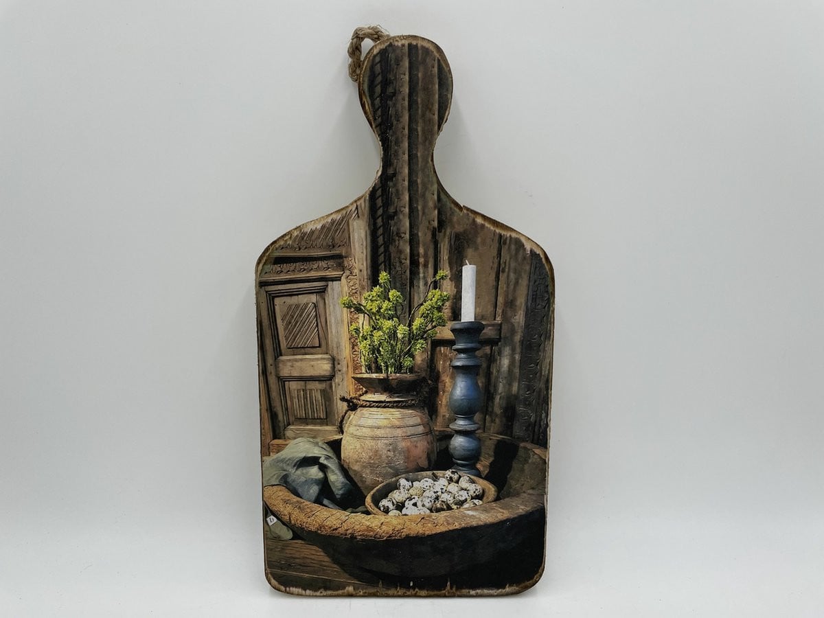 Decoratie broodplank met print Nepalese pot kandelaar & kwarteleitjes, Maat M, 35,5 x 18,5 cm, Stoer & Sober