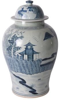 Legend of ASIA 21 in H Blue and White Temple Jar Pagoda Landscape Motif Porcelain - 13x13x21