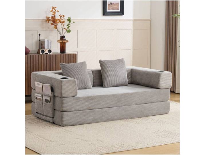 ROVRYN Canapé-lit de sol convertible pliable 185 cm en corduroy gris clair avec accoudoirs porte-gobelet et poche latérale