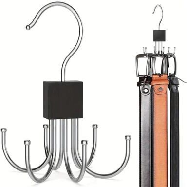 Combo Retail Shop Rotating Storage Hanger With Hooks, Enhanced Belt And Scarf Rack, Wooden Wardrobe Organizer black