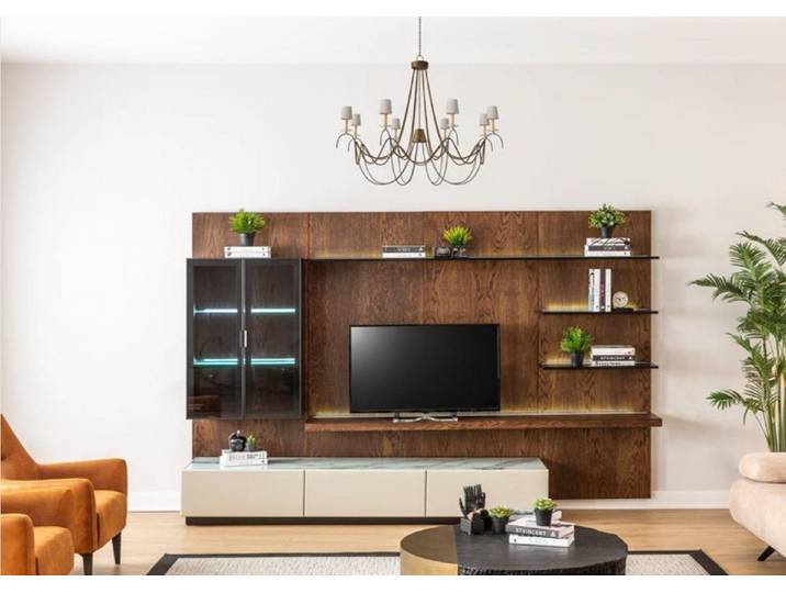 JVmoebel Wohnwand Moderner Holzschrank mit Vitrine in warmem Braun für stilvolles Wohnen, Made in Europa