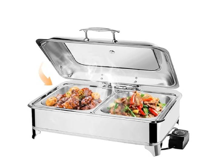 VFDZ Chafing Dish Elektrisch 9L (A, 1/2 PAN) Catering Warmhaltebehälter Temperatureinstellknopf, Rechteckiger Chafing Dish Set Speisenwärmer mit Sichtbarem Glasdeckel