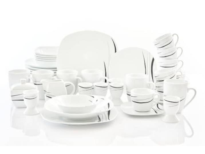 Cosmos Kombiservice 62-teilig, edle grau-schwarze Linien, eckig Porzellan unser Rundum-Sorglos-Paket für 6 Personen, moderne eckige Form, minimalistisches zeitloses Design, perfekt für jeden Anlass