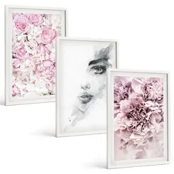 BILDER SET 3er Set - 40x60 cm Weißer Rahmen - Pfingstrosenporträt einer Frau in Schwarzweiß