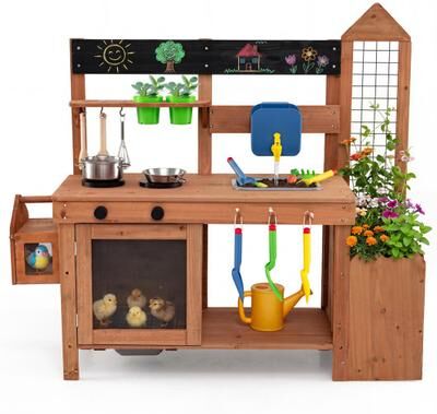 Costway Outdoor Wooden Mud Kitchen with Planter Box and Sink for Toddlers-Natural
