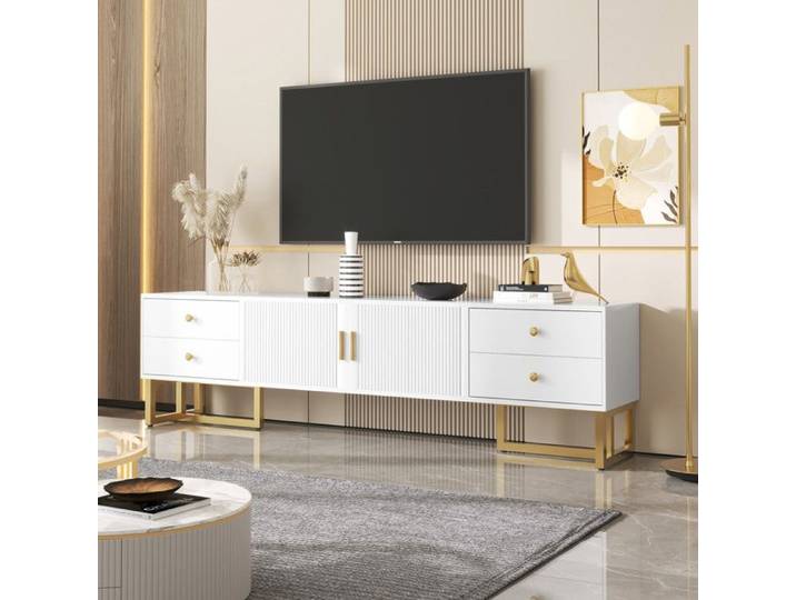 Meuble TV - 175cm - Portes Texturées - 4 Tiroirs - Pieds Dorés - Charnières Amorties