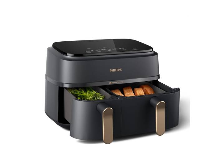 Philips Heißluftfritteuse 3000 Series NA352/00, Dual Basket Airfryer mit 9L Kapazität (3L+6L), 2750 W, RapidAir Technologie und 12 Kochfunktionen, Schwarz