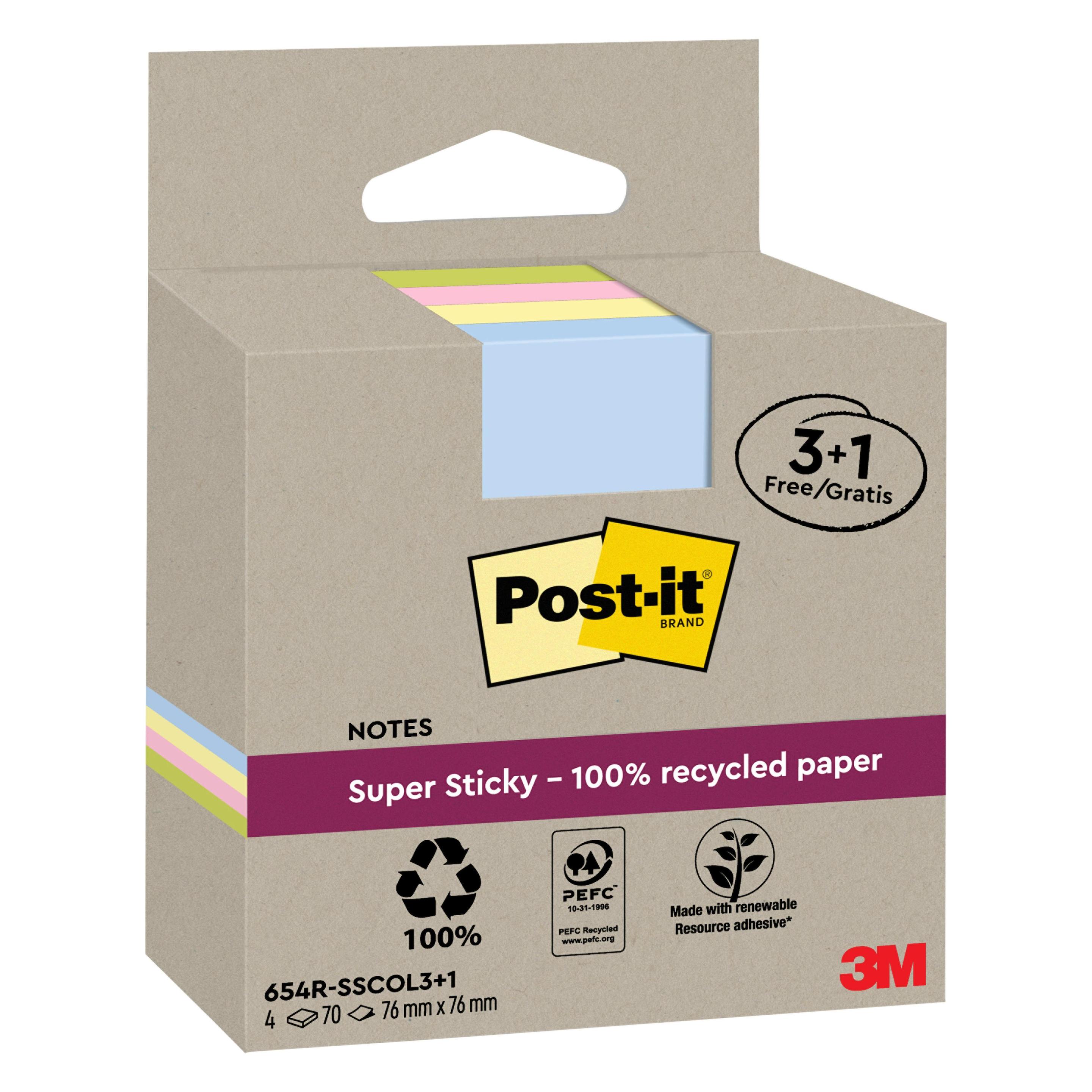 Post-it Super Sticky Haftnotizen Recycling (76 x 76 mm) (654 RSSCOL 3+1)