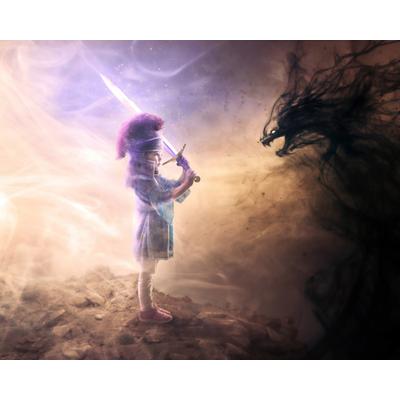 Fototapete PAPERMOON "DRACHE U MÄDCHEN-KAMP SURREAL FANTASIE ABSTRAKT DESIGN", bunt, B:2,5m L:1,86m, Vlies, Tapeten