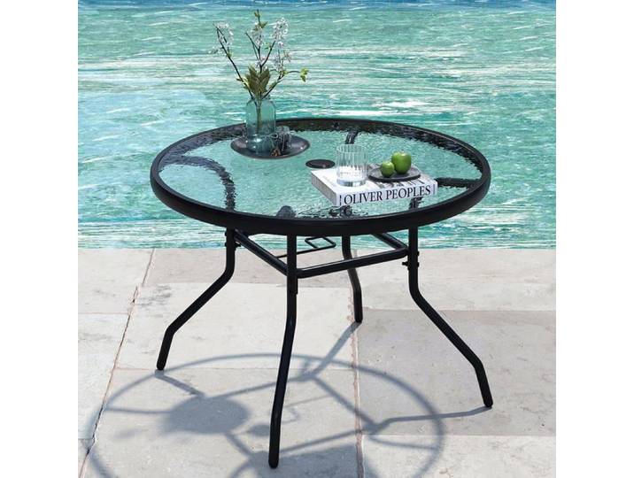 Table Basse de Jardin Extérieur Intérieur COSTWAY Plateau en Verre Trempé Trou pour Parasol Cadre en Métal Table de Bistrot Rond