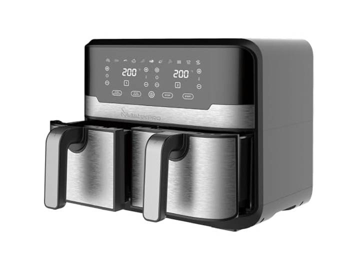 MasterPRO Rocket Duo 900 Doppelte Heißluftfritteuse Schwarz 9L Fassungsvermögen und 2100W Leistung LED-Touchscreen und antihaftbeschichteter Korb Fritteuse 11 Funktionen in 1
