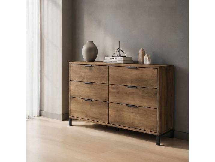 Commode 6 tiroirs VUENOR - chêne foncé 120 x 40 x 76 cm style industriel