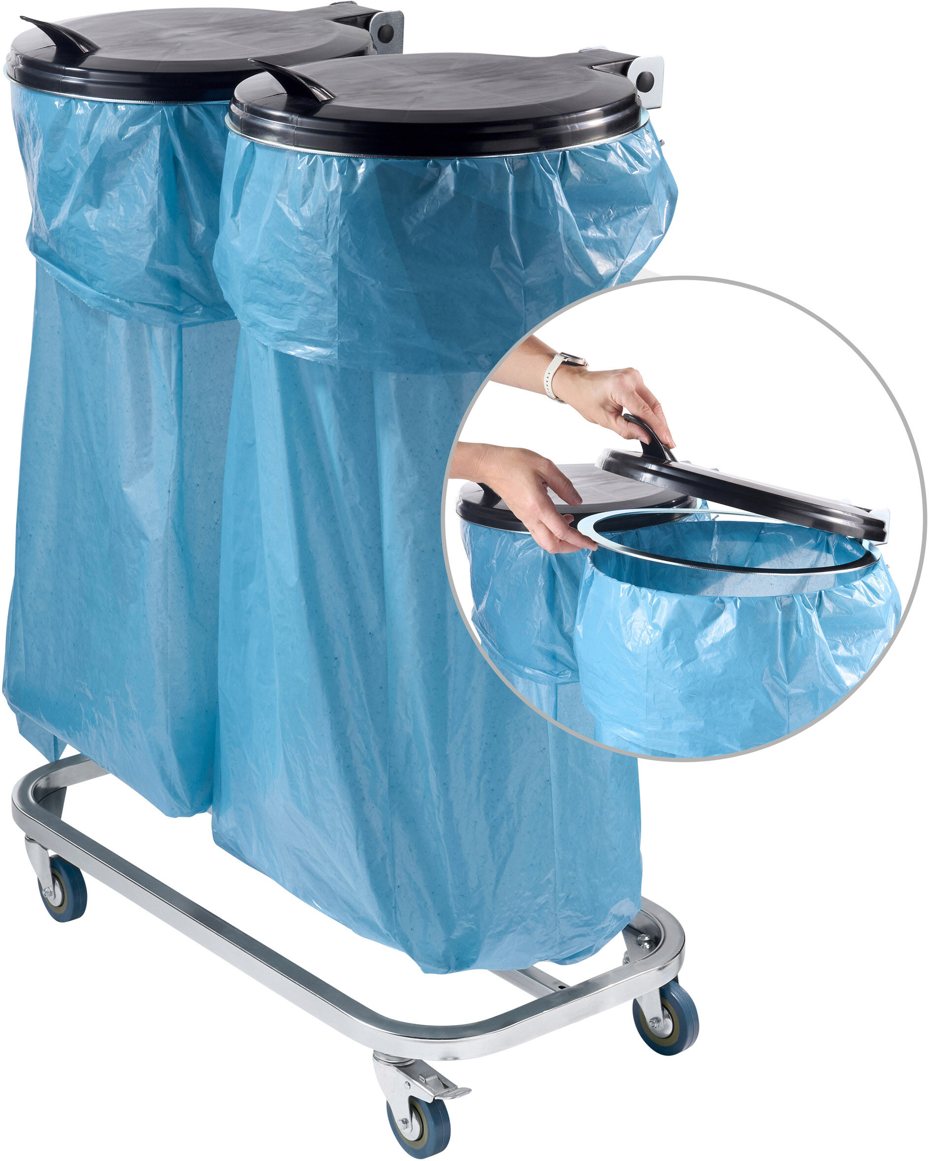 SPRINTIS Support pour sacs poubelle 120 L double avec couvercle, avec roulettes, acier, acier, plastique, argent