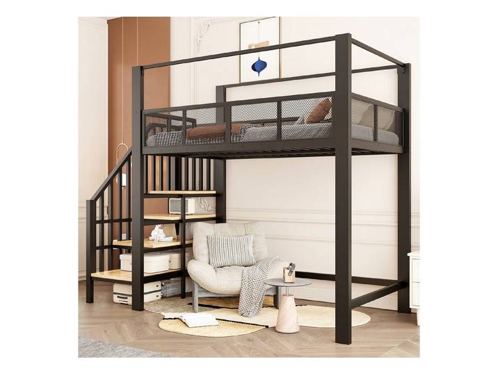 STILVORA Metallbett 90×200 mit Stauraum Hochbett Einzelbett, ohne Matratze (Metallrahmen, Stauraumtreppe, Netzgitter, Baldachinrahmen), für Kinderzimmer, Jugendzimmer, kleine Räume
