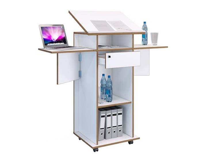 VCM Stehpult Weiß 123x44x128 cm 6 Fächer Holzwerkstoff Büro Konferenz Mobiles Rednerpult mit Ablagefächern - Vorträge und Präsentationen - Büro und Konferenzraum - Holzwerkstoff