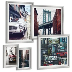BILDER SET 5er Set - 50x50 cm & 20x30 cm & 40x60 cm Silberner Rahmen - Old Cars Brooklyn Retro-Audio