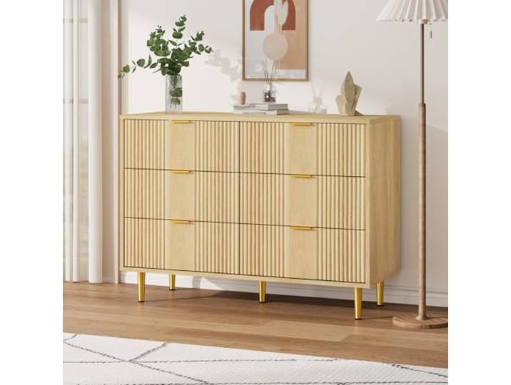Litake Kommode für Schlafzimmer, 100cm Breite 6 Schubladen Aufbewahrung Kommode mit Vintage Metallgriffe, Tiefe Kommode für Schlafzimmer, Wohnzimmer, Flur oder Eingang, Eiche (Eiche, 100x40x75cm)