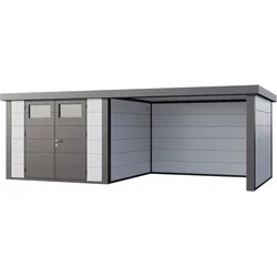 Telluria Metallgerätehaus Classico 3030 mit Lounge Anbau weiß Lounge-Anbau rechts