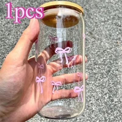Uplifted Finds 500ml Cherry Bow Glass Tumbler High Performance Mason Jar Shaped Drinking Cup With Ribbed Precision Lid & Straw blue Bow