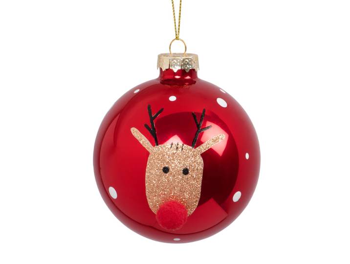 Weihnachtskugel aus Glas, bedruckt mit Rentier und rotem Pompon